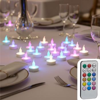 Bougies à réchaud LED - Lot de 20 multicolores avec télécommande, minuterie 4/8h - Ø4cm, piles incluses, flamme vacillante