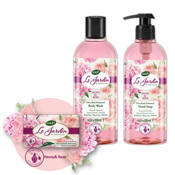 Preview: Dalan Le Jardin Luxus Seifenset Rosenduft – Duschgel 500ml, Handseife 200g, Flüssigseife 500ml – 100% vegan, dermatologisch getestet, biologisch abbaubar