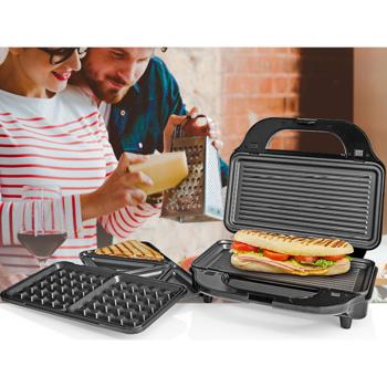 Preview: High-quality 3in1 stainless steel multi-grill, sandwich maker, waffle iron and contact grill, 900 W, removable and dishwasher-safe plates