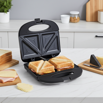 Preview: Appareil à croque-monsieur 2 sandwichs - Rapide, pratique & cuisson uniforme - 750W, antiadhésif, noir/argenté, poignée Cool-Touch, compact