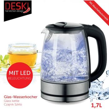 Preview: Stylish kettle 1.7 l, made of glass and stainless steel, incl. blue LED lighting, automatic switch-off, cable storage