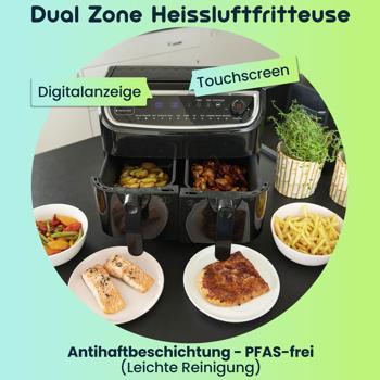 Preview: Dual Zone Doppelkorb Heissluft Fritteuse, Air Fryer mit 2 Körben, 9 Liter, 2400 Watt, 12 Programme, 2 Grill Roste, Display, Zeitschaltuhr, PFAS-frei