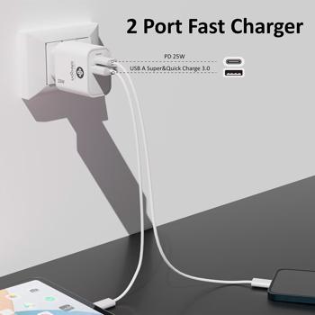 Preview: Doppio caricatore USB da 25Watt, 1x USB-C e USB-A, alimentatore PD e QC, bianco, Quick Charge per la ricarica rapida di iPhone, Samsung, Huawai, Xiaomi