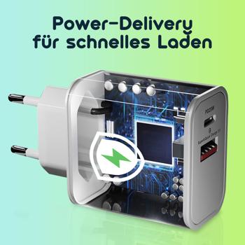 Preview: 2er-Set Dual 25Watt USB Ladegerät, 1x USB-C und USB-A, PD- & QC-Netzteil, weiss, Quick Charge für schnelles Laden von iPhone, Samsung, Huawai, Xiaomi