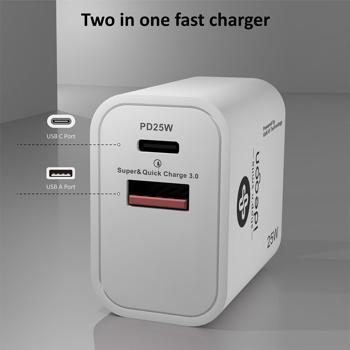Preview: set di 2 caricatori USB doppi da 25 watt, 1x USB-C e USB-A, alimentatore PD e QC, bianco, Quick Charge per la ricarica rapida di iPhone, Samsung, Huawai, Xiaomi