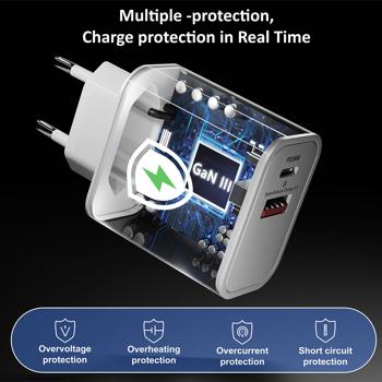 Preview: Dual 36Watt USB charger, 1x USB-C and USB-A, PD & QC power supply, white, GaN III, fast charging of iPhone, ipad, Samsung, Huawai, Xiaomi