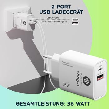 Preview: Dual 36Watt USB Ladegerät, 1x USB-C und USB-A, PD- & QC-Netzteil, weiss, GaN III, schnelles Laden von iPhone, ipad, Samsung, Huawai, Xiaomi