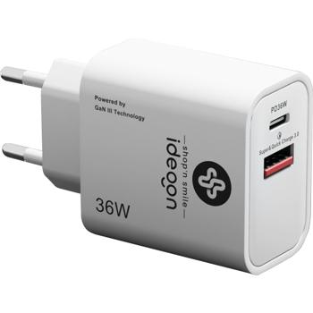Preview: set of 2 dual 36Watt USB charger, 1x USB-C and USB-A, PD & QC power supply, white, GaN III, fast charging of iPhone, Samsung, Huawai, Xiaomi
