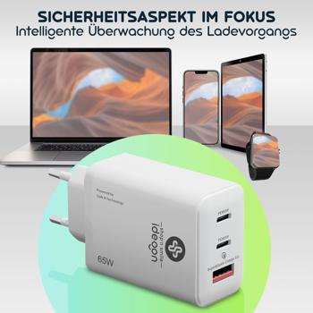 Preview: Leistungsstarkes USB Ladegerät, 3 Ports, 65Watt, 2x USB-C und 1x USB-A, PD- & QC-Netzteil, weiss, GaN III, für Smartphones, Notebooks, MacBook & Tablets