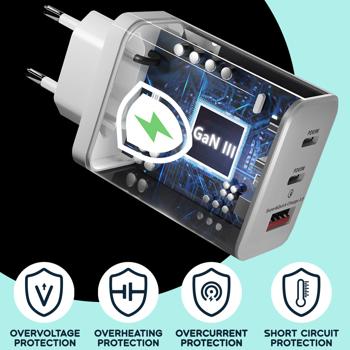Preview: Powerful USB charger, 3 ports, 65 watts, 2x USB-C and 1x USB-A, PD- & QC power supply, white, GaN III, for smartphones, notebooks, MacBook & tablets