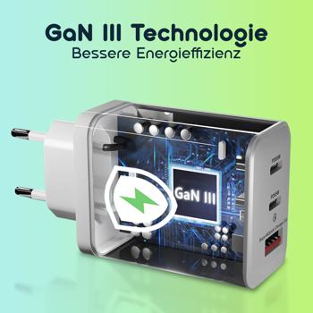 Preview: 3er-Set USB Ladegerät, 3 Ports, 65Watt, 2x USB-C und 1x USB-A, PD- & QC-Netzteil, weiss, GaN III, für Smartphones, Notebooks, MacBook & Tablets