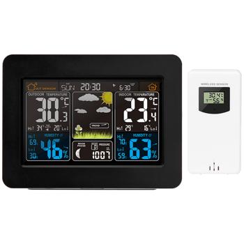 Preview: Station météo sans fil avec écran couleur – signal DCF, capteur, thermomètre, baromètre, hygromètre, phases de la lune – avec réveil