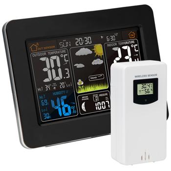 Preview: Station météo sans fil avec écran couleur – signal DCF, capteur, thermomètre, baromètre, hygromètre, phases de la lune – avec réveil