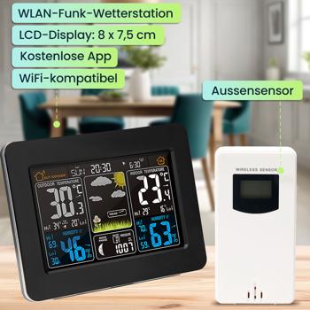 Preview: Funk-Wetterstation mit Farbdisplay, Uhr, Sensor, Thermometer, Barometer, Hygrometer, Mondphase. Präzise Wetterdaten & Wecker für Zuhause