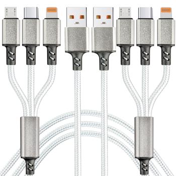 lot de 2 câbles de charge rapide USB universels 3en1, 25 W, Micro-USB, USB Type C & Lightning, 120 cm, pour iPhones, Samsung, Pixel, Huawei, Powerbanks, appareils photo