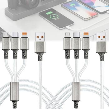 2er-Set 3in1 Universal USB-Schnellladekabel, 25 W, Micro-USB, USB Typ C & Lightning, 120 cm, für iPhones, Samsung, Pixel, Huawei, Powerbanks, Kameras
