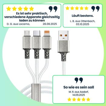 Preview: 3er-Set 3in1 Universal USB-Schnellladekabel, 25 W, Micro-USB, USB Typ C & Lightning, 120 cm, für iPhones, Samsung, Pixel, Huawei, Powerbanks, Kameras