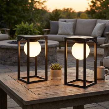 Lot 2 Lampes Solaires Table LED - Lumière Blanche Chaude Industrielle - Camping Terrasse Jardin Fêtes - Noir 30x15cm Panneau Solaire Batterie 1.2V AAA