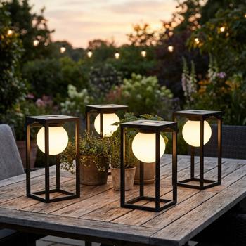 set of 4 solar table lamps, black, warm white light - 30 x 15 cm, for camping, terrace & garden parties, mobile LED light