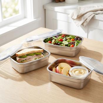 set of 3 stainless steel food storage containers with plastic clip-on lids, 750 ml