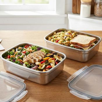 set di 2 contenitori per alimenti in acciaio inox con coperchi in plastica a scatto, 1250 ml