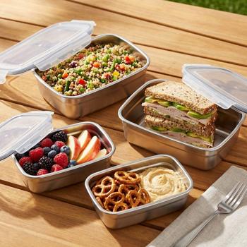 Preview: set of 4 stainless steel lunch boxes with plastic clip lids - Perfect for work & on the go 