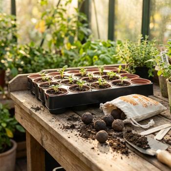 Lot de 2 : plateau de semis avec 20 pots & lot de 8 bombes de graines pour pots – 6 variétés de fleurs : mauve, zinnia, bleuet, souci, coquelicot