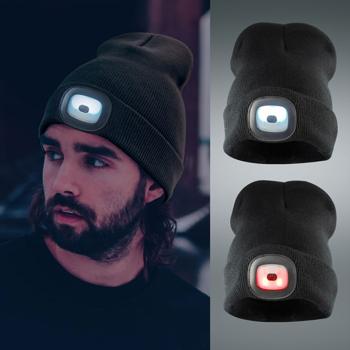 Preview: Bonnet d‘Hiver LED Unisexe - Éclairage Sécurité Intégré 3 Modes - Idéal Course, Camping, Randonnée - Batterie Rechargeable - Noir