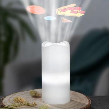 Preview: Bougie décorative LED projecteur - 12 motifs festifs, anniversaire, nature - Projection lumineuse plafonds, murs - Design chic - 7x15cm - Blanche