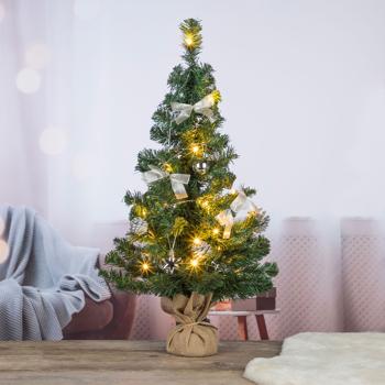 Sapin de Noël artificiel vert foncé - Décoré boules, pommes de pin, étoiles & rubans argentés - Éclairage LED 20 lumières blanc chaud 75cm - Minuteur 6h/18h