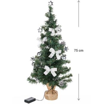 Preview: Sapin de Noël artificiel vert foncé - Décoré boules, pommes de pin, étoiles & rubans argentés - Éclairage LED 20 lumières blanc chaud 75cm - Minuteur 6h/18h