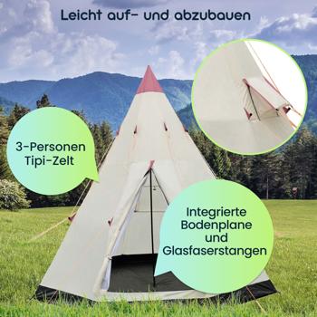 Preview: 3-Personen Tipi-Zelt Ø 2,5m - Wasserabweisend, integrierte Bodenplane - Insektennetz 170x220cm - Schutz vor Mücken - Polyester - Creme Preview: 3-Personen Tipi-Zelt Ø 2,5m - Wasserabweisend, integrierte Bodenplane - Insektennetz 170x220cm - Schutz vor Mücken - Polyester - Creme