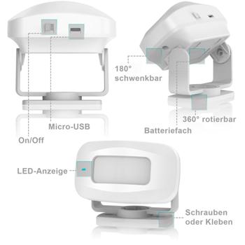 Preview: Sonnette de porte sans fil et détecteur de passage PIR - Alarme sécurité extérieure IP44- 36 sonneries - Portée 150m - Blanc