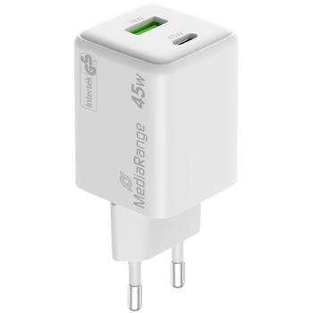 Preview: Dual Schnellladeadapter, GaN, 1 x USB-C und 1 x USB-A, QC 45 Watt, weiss, für iPhone 16, 15, 14, 13, 12, 11, X, iPad, Samsung Galaxy, Huawei, Pixel