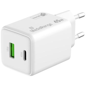 Preview: Dual Schnellladeadapter, GaN, 1 x USB-C und 1 x USB-A, QC 45 Watt, weiss, für iPhone 16, 15, 14, 13, 12, 11, X, iPad, Samsung Galaxy, Huawei, Pixel