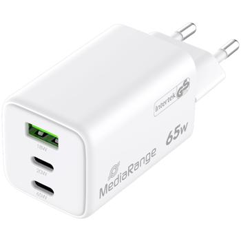 Preview: USB Ladegerät Quick Charge, 65 Watt, 2 USB-C Ports - 1 USB-A Port, weiss, Netzteil / Stecker für Notebook, MacBook, iPad, iPhone, Samsung