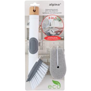 Preview: Spülbürste mit Spülmittel-Behälter - Integriertes Reservoir, präzise Dosierung, inkl. Spülschwamm - Kunststoff, Weiss/Grau/Natur
