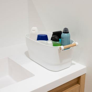 Preview: Elegante set di contenitori (2 misure): Plastica con manico in bambù, bianco (33x15cm, 27x12cm) - elegante contenitore per cucina, bagno e ufficio