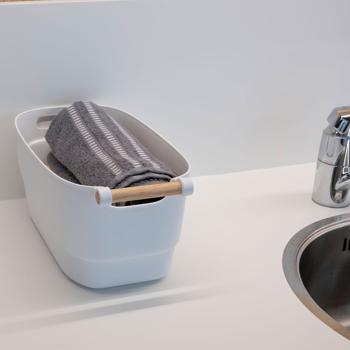 Preview: Contenitore in plastica con manico in bambù, bianco, 33 x 18 x 15 cm