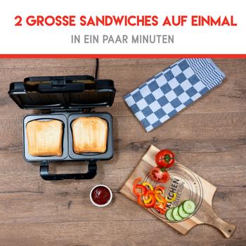Preview: XL Sandwichmaker (starke 900W): schwarz-silber, für 2 grosse Sandwiches, Antihaftbeschichtung - Schnelle & gleichmässige Zubereitung