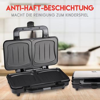 Preview: XL Sandwichmaker (starke 900W): schwarz-silber, für 2 grosse Sandwiches, Antihaftbeschichtung - Schnelle & gleichmässige Zubereitung