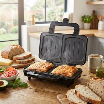 XL sandwich maker (powerful 900W): black-silver, for 2 large sandwiches, non-stick coating - quick & even preparation