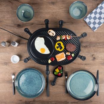 Preview: Griglia per raclette sociale per 8 persone, 1200W: con griglia e piastra di cottura, rivestimento antiaderente, termostato, tegami e spatola Preview: Griglia per raclette sociale per 8 persone, 1200W: con griglia e piastra di cottura, rivestimento antiaderente, termostato, tegami e spatola