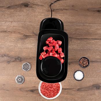 Preview: Hachoir à viande électrique puissant, 600W, chrome noir, acier inoxydable & aluminium, 3 disques perforés, remplisseur de saucisses, qualité supérieure