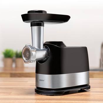 Preview: Hachoir à viande électrique puissant, 600W, chrome noir, acier inoxydable & aluminium, 3 disques perforés, remplisseur de saucisses, qualité supérieure