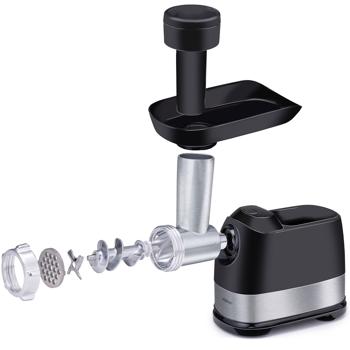 Preview: Hachoir à viande électrique puissant, 600W, chrome noir, acier inoxydable & aluminium, 3 disques perforés, remplisseur de saucisses, qualité supérieure