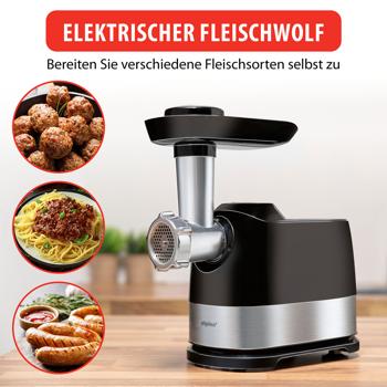 Preview: Kraftvoller elektrischer Fleischwolf, 600W, chrom schwarz, Edelstahl & Aluminium, 3 Lochscheiben, Wurstfüller, Premium-Qualität