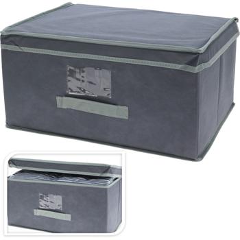 Preview: Aufbewahrungsbox mit Deckel & Henkel - Faltbar für Spielzeug & Krimskrams, platzsparend, staubgeschützt - 44x22x33cm, grau mit Beschriftungsfenster