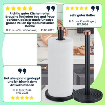 Preview: Küchenrollenhalter Design schwarz-roségold - Sicherer Stand, einhändig abreissbar & edler Look - Aus pulverbeschichtetem Metall, 15 x 35,5 cm Preview: Küchenrollenhalter Design schwarz-roségold - Sicherer Stand, einhändig abreissbar & edler Look - Aus pulverbeschichtetem Metall, 15 x 35,5 cm