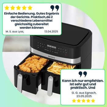 Preview: Dual Zone Heissluftfritteuse mit Doppelkorb, 9 Liter, 2400W, schwarz, Digitales Touch Display, Smart End, Air Fryer zum Backen, Grillen, Braten Preview: Dual Zone Heissluftfritteuse mit Doppelkorb, 9 Liter, 2400W, schwarz, Digitales Touch Display, Smart End, Air Fryer zum Backen, Grillen, Braten